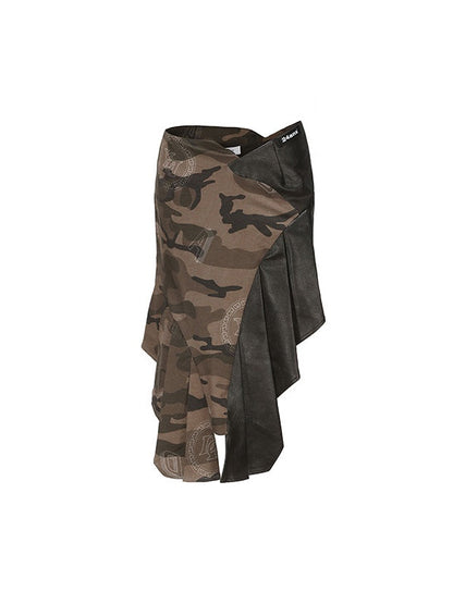 Camouflage &amp; Check Asymmetry Sleeveless Top &amp; Skirt