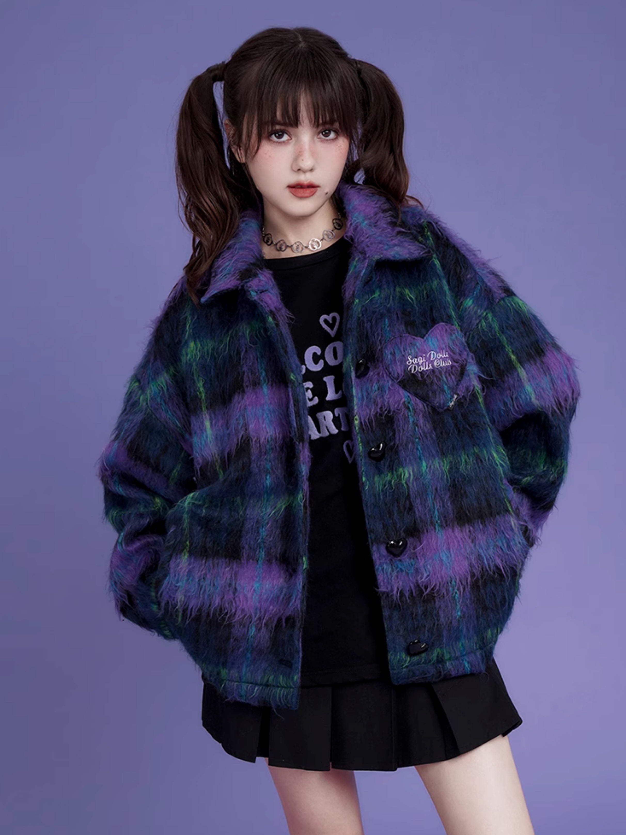 Loose Plaid Long Hair Warm Coat