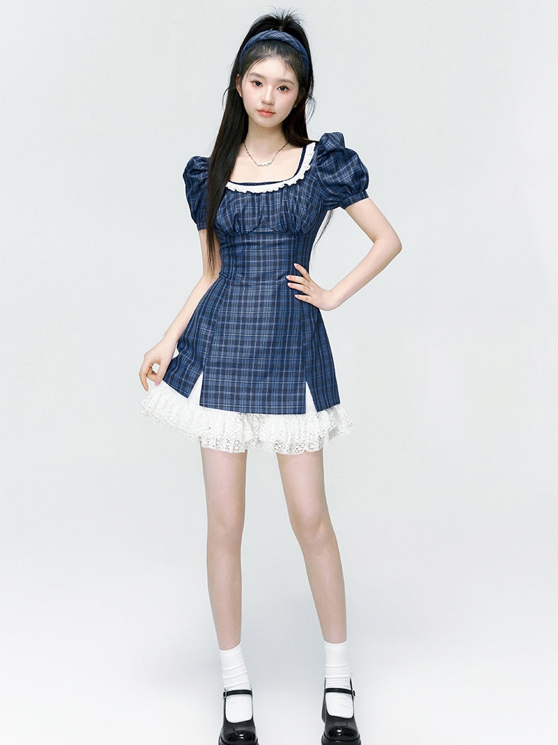 Puff-sleeves Lace Girly Checked One-piece