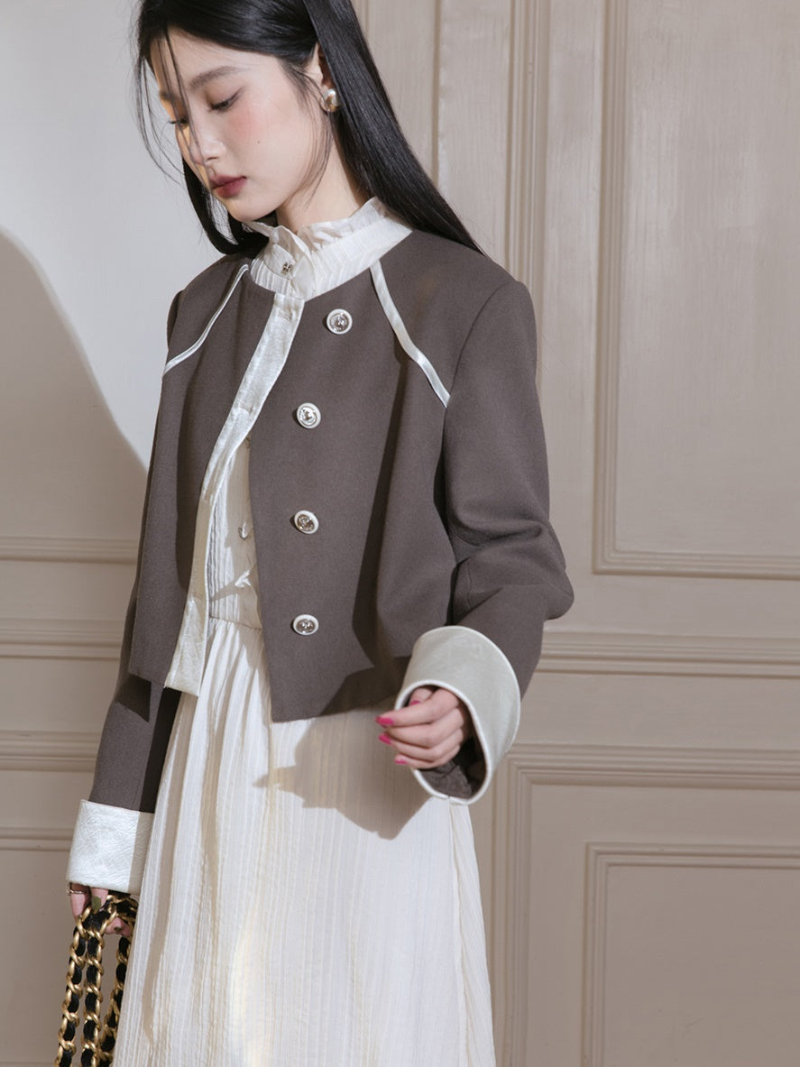 Satin Stitch Short Jacket ＆ Long Pleated Skirt Set-up