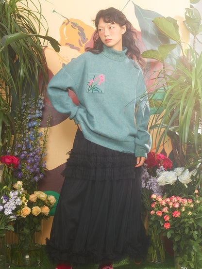 Butterfly Orchid Embroidery High-neck Sweater