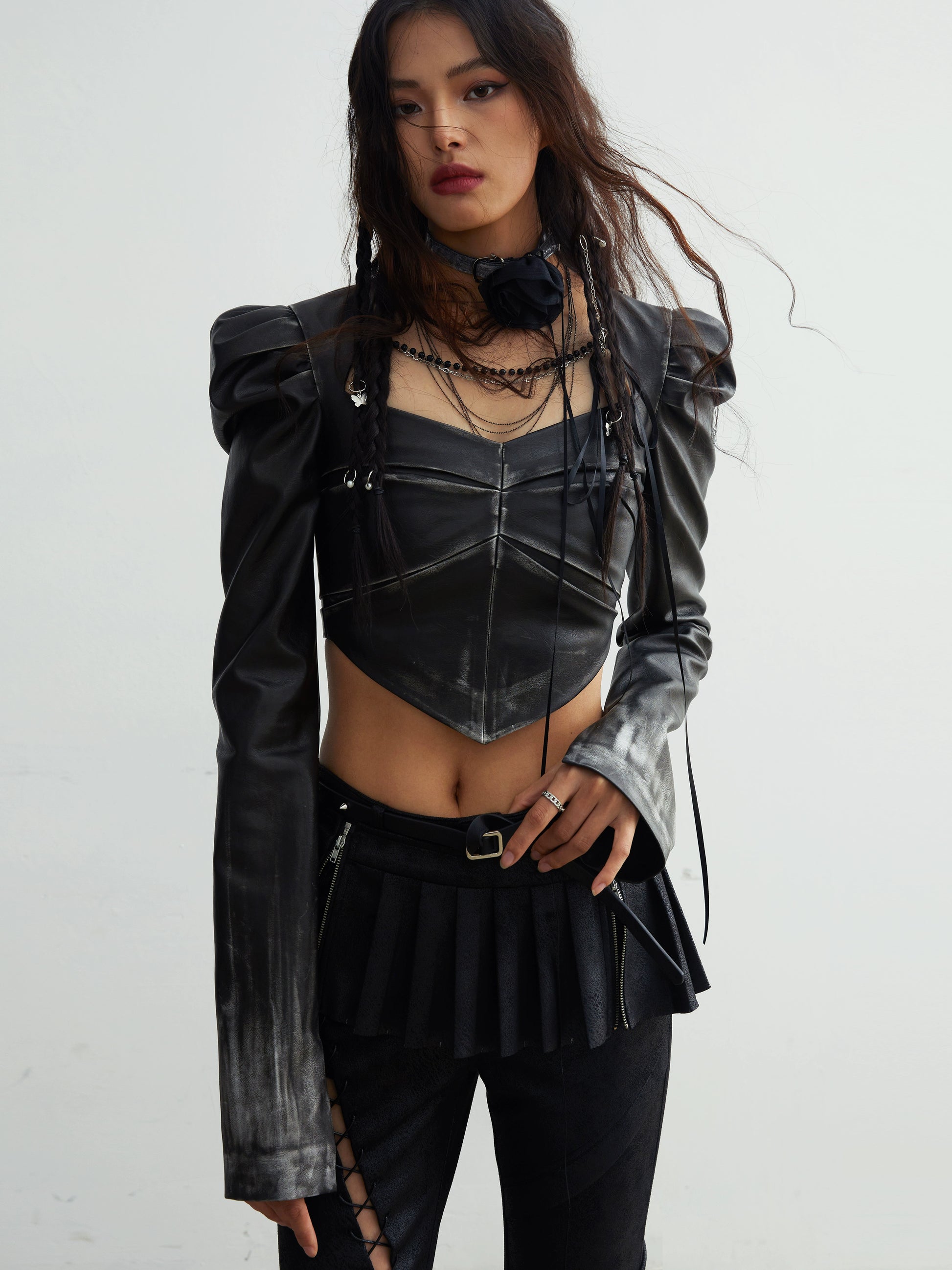 Chain Decorated Gradient Imitation Leather Short Jacket