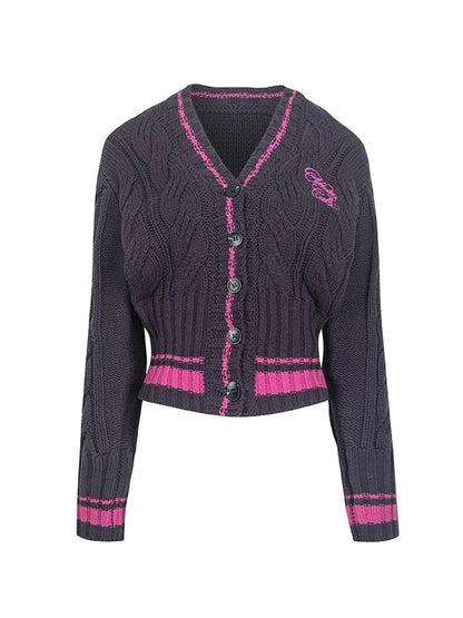 College Style Cable Knitted V-neck Short Cardigan