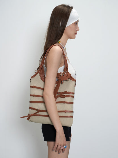 Bow Strap Woven Shoulder Bag