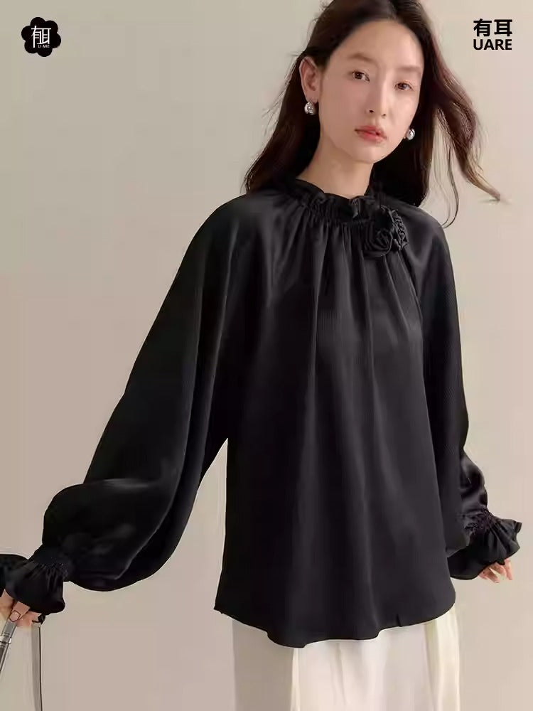 Balloon-Sleeve Rose Feminine Elegant Plain Blouse