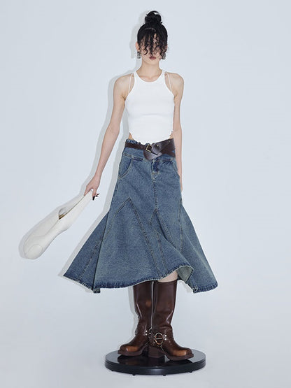 High Waist A-line Fishtail Umbrella Denim Skirt