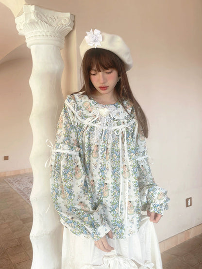 Angel Print Bow Puff Sleeve Loose Shirt