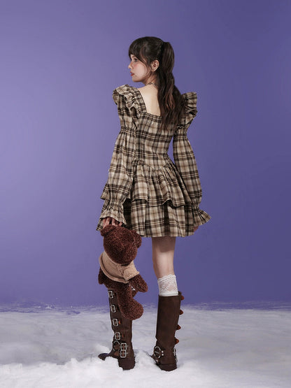 Plaid Bow Small Flying Sleeve Dress