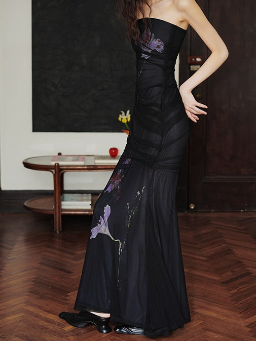 Chinese Style Print Slim Mesh Long Strapless Dress