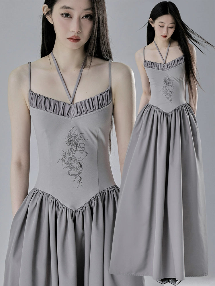 Double Strap Chinese Embroidery Long Gather Dress