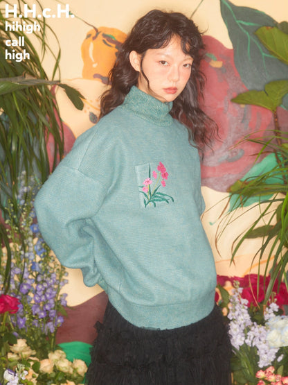 Butterfly Orchid Embroidery High-neck Sweater