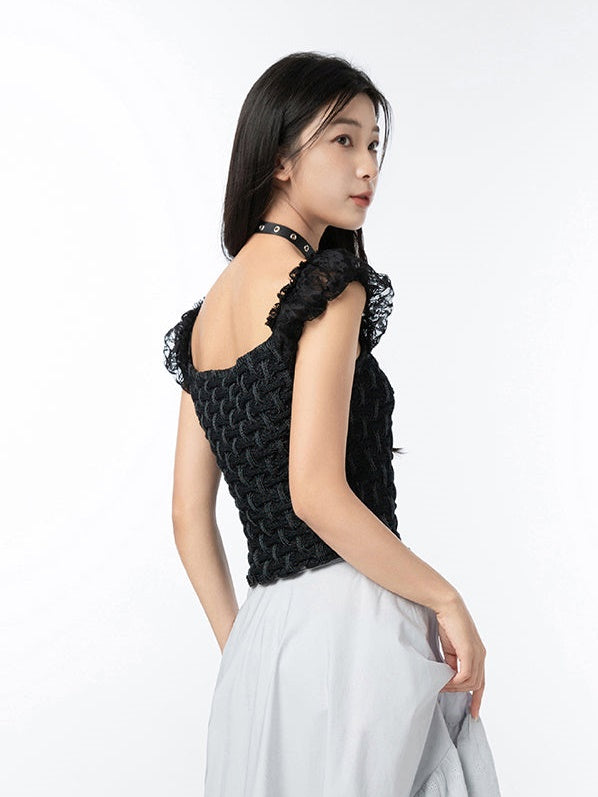 Lace Flying Sleeve Denim Top