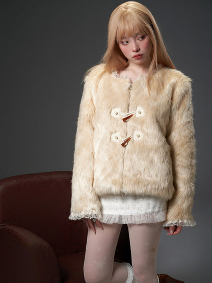 Gradient Lace Spliced Horn Button Detachable Fur Jacket