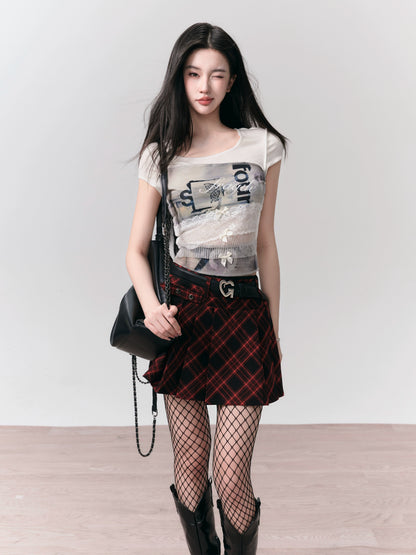 Checkered Pleated A-line Skirt