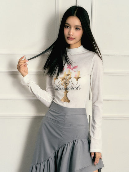 Small Stand Collar Candlestick Print Long-sleeved T-shirt