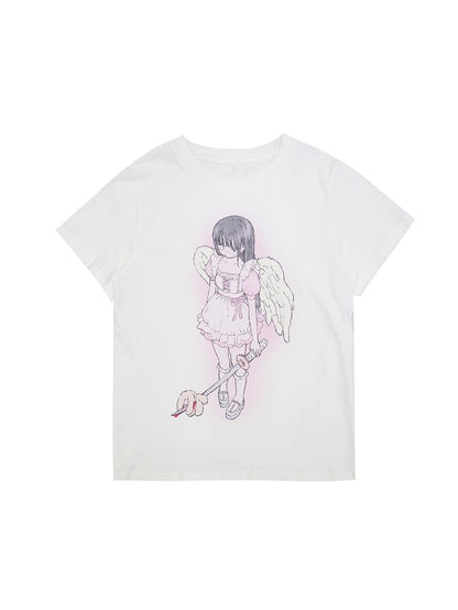 Girl Angel Print Loose T-Shirt