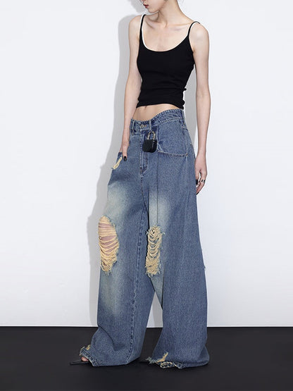 Pinched Pleats Wide-leg Denim Pants