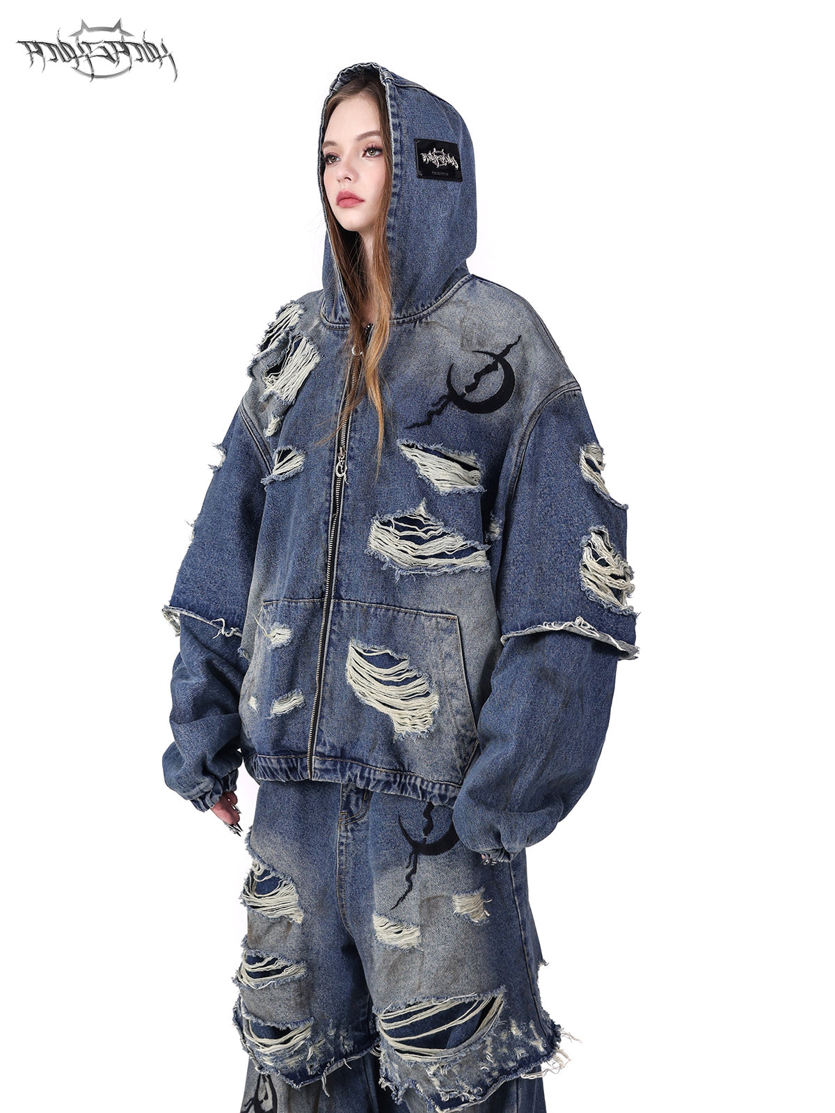 Holes Loose Genderless Hooded Denim Jacket