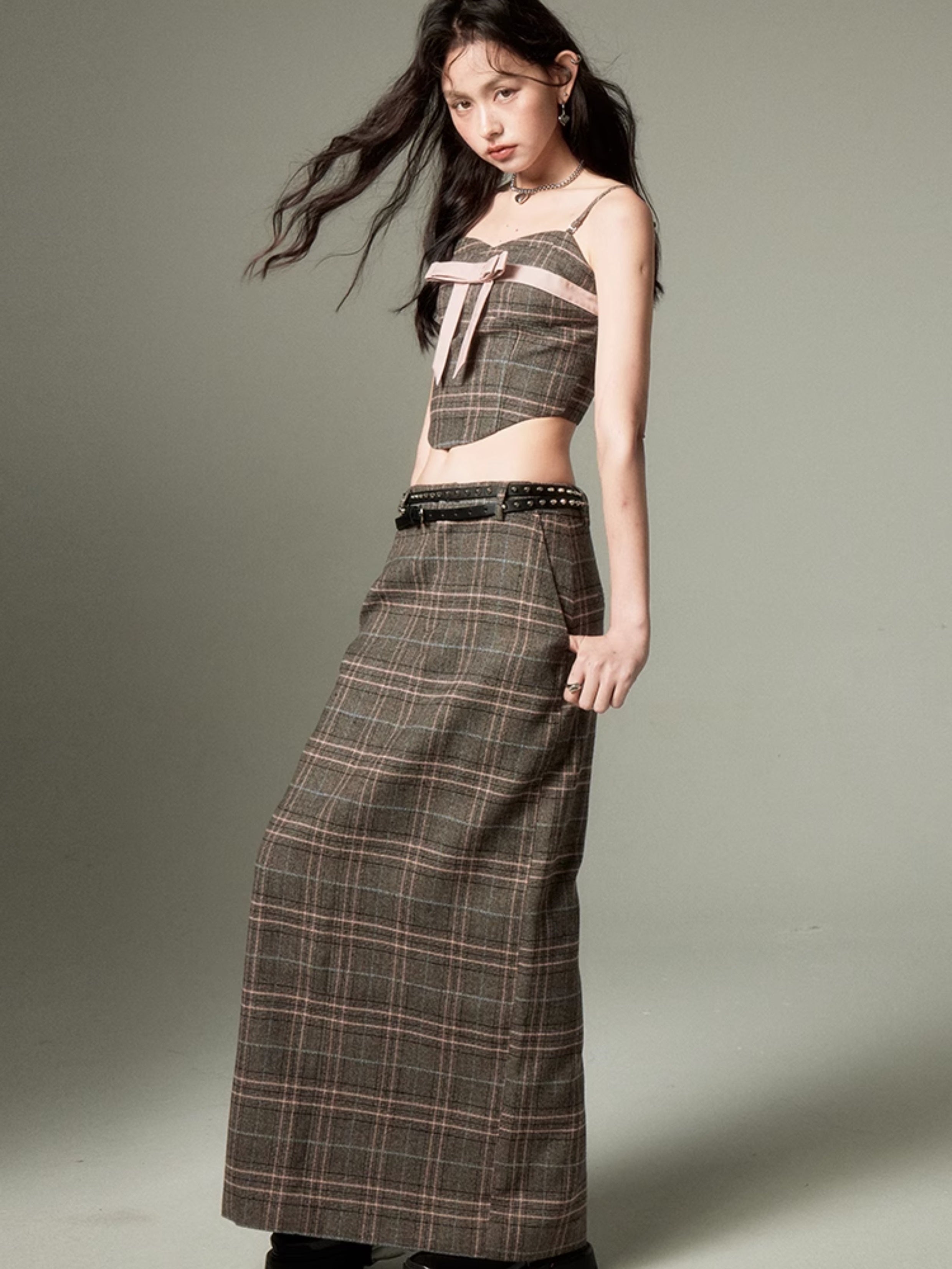 Plaid Bow Cropped Camisole &amp; Long Skirt