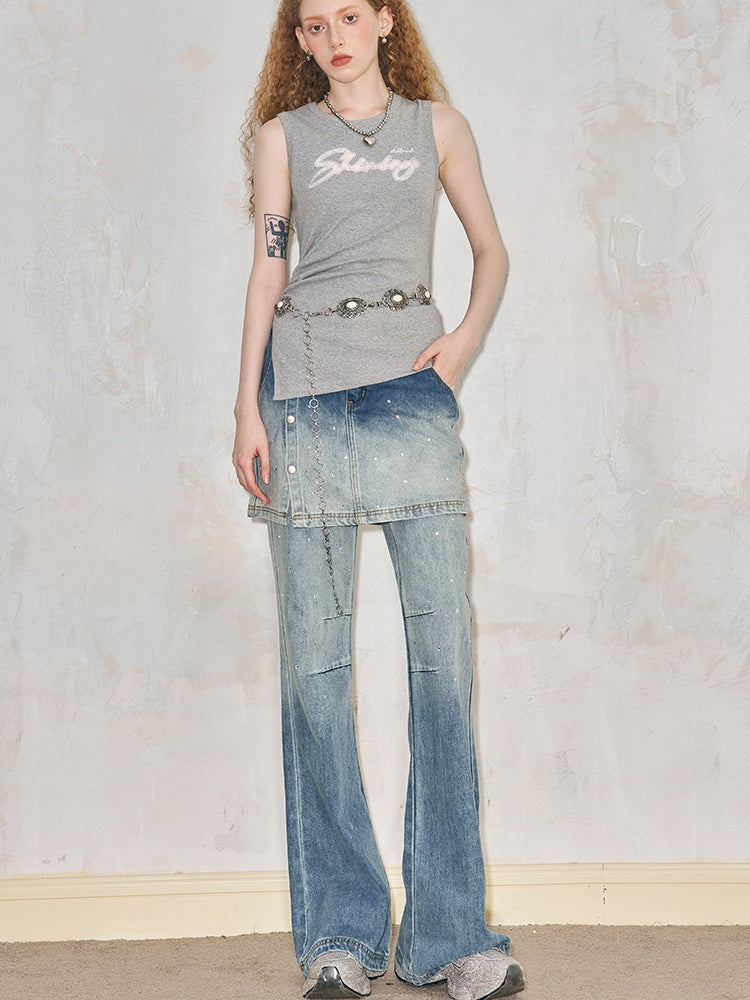 Fake Two-piece Gradation Wash Flared Denim Skirt Pants