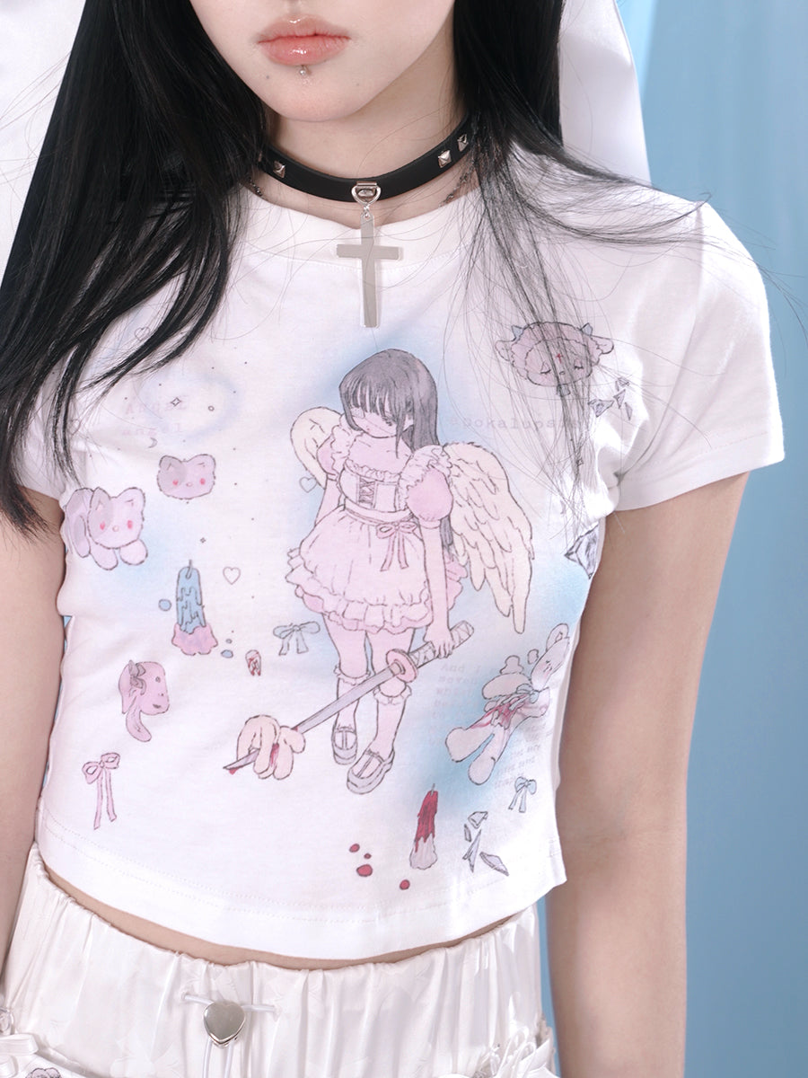 Angel Print Short-sleeved Tight T-shirt