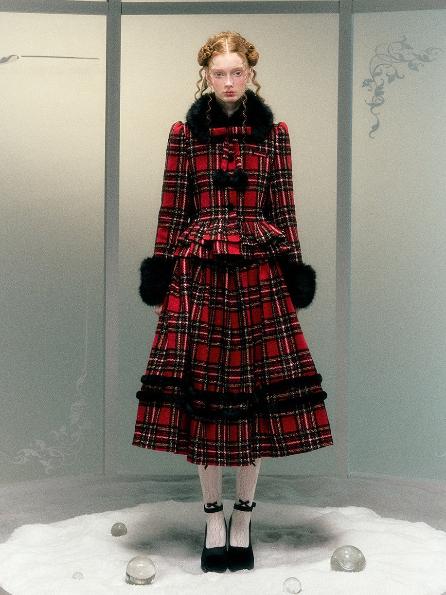 Plaid à carreau à fourrure détachable manteau court et jupe mi-longueur