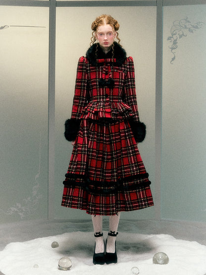 Plaid Detachable Fur Collar Fur Ball Short Coat &amp; Mid-Length Skirt