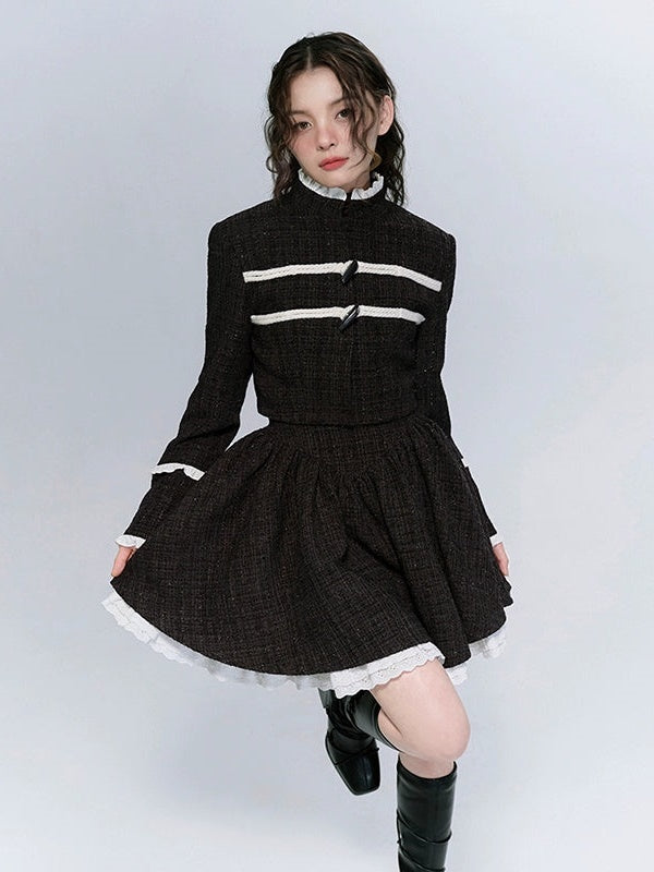 Tweed Stand-Collar Cropped Jacket ＆ Lace Stitch Short Pleated Skirt