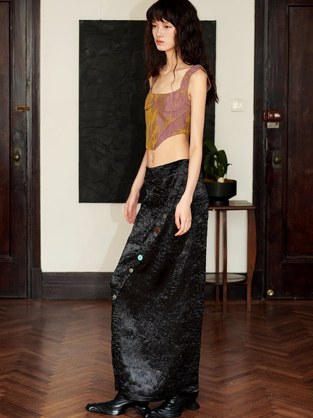 Diagonal Button Crinkled Long Skirt