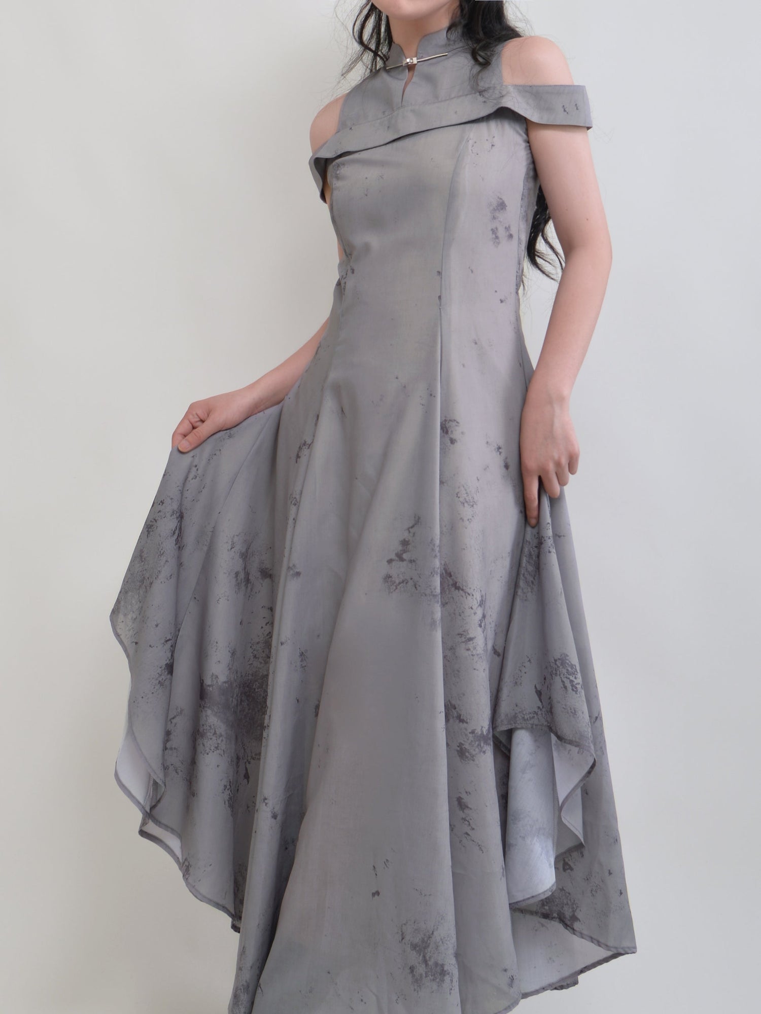 Mao Collar Ink Printing One-shoulder Dress