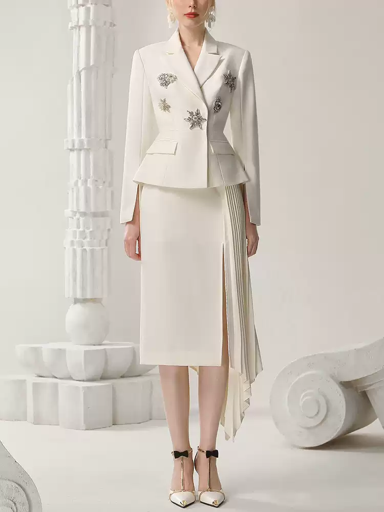 Set-Up Broach Asymemtry Pleats Peplum Suit Jacket＆Long-Skirt