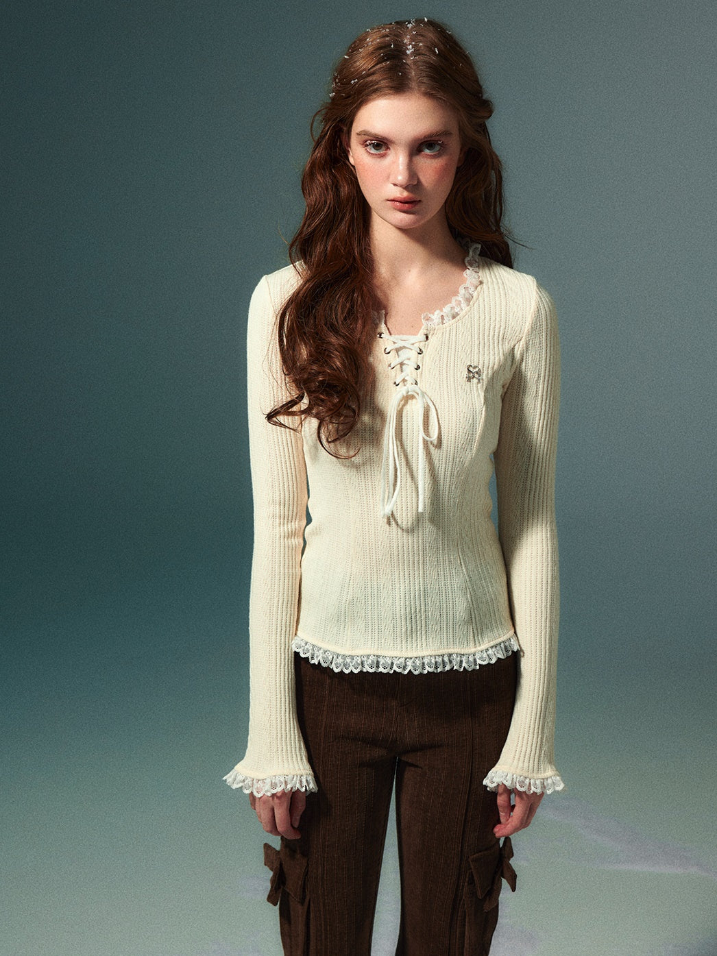 Lace Stitch Knitted Long-sleeved T-Shirt