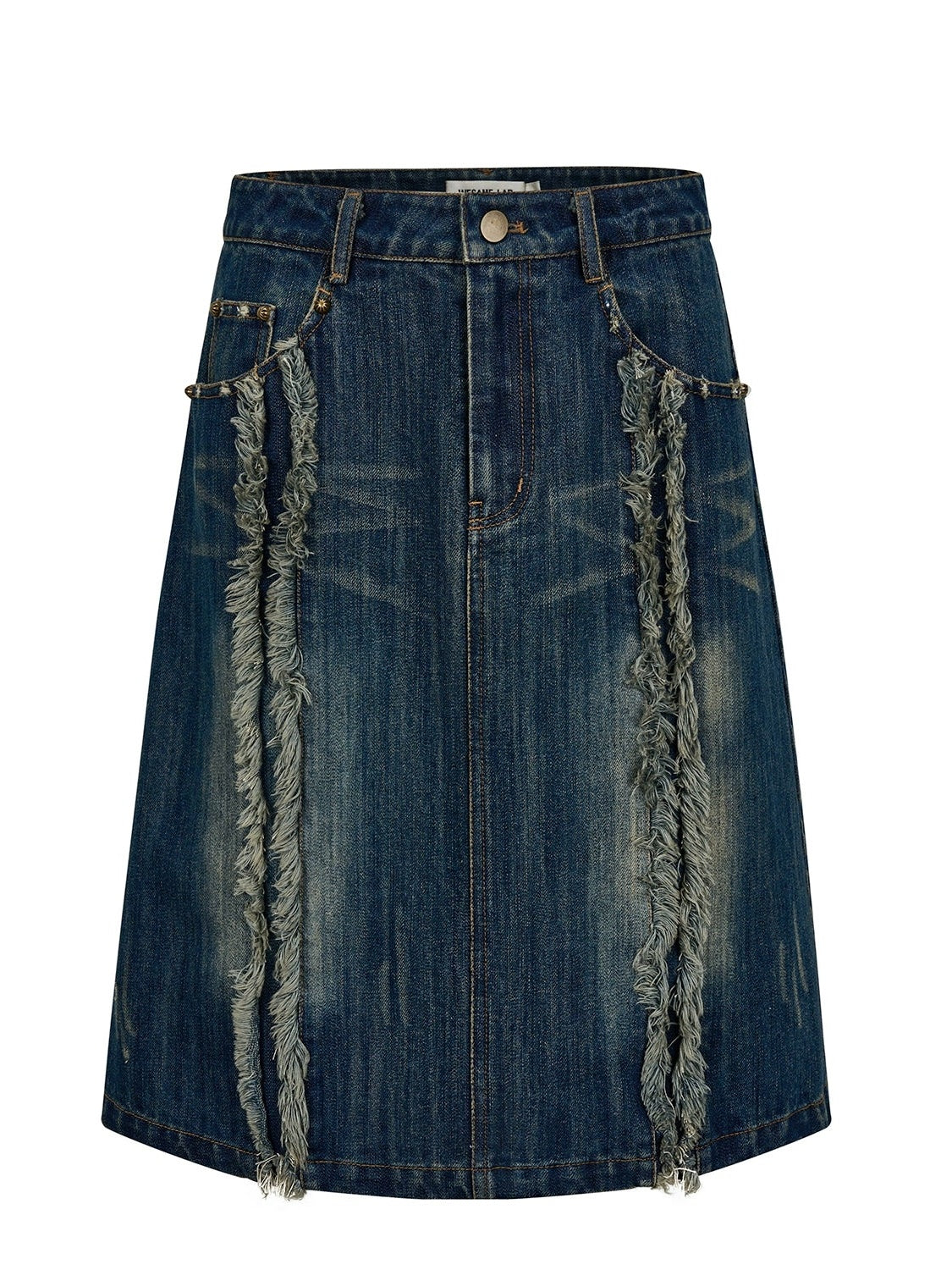 Distressed Washed Denim A-line Mid-length Skirt