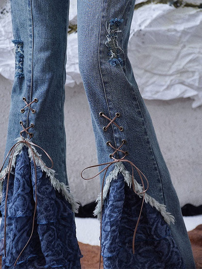 Splicing Lace-Up Flare Jeans