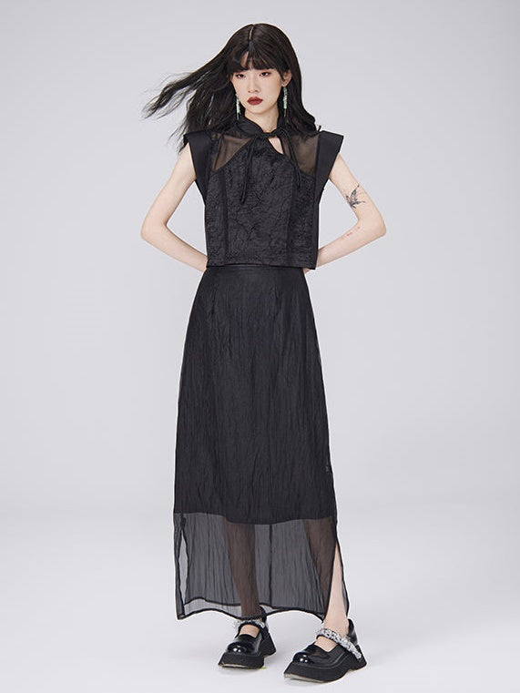 Chinese Style French Sleeve Hollow Top &amp; Sheer Skirt