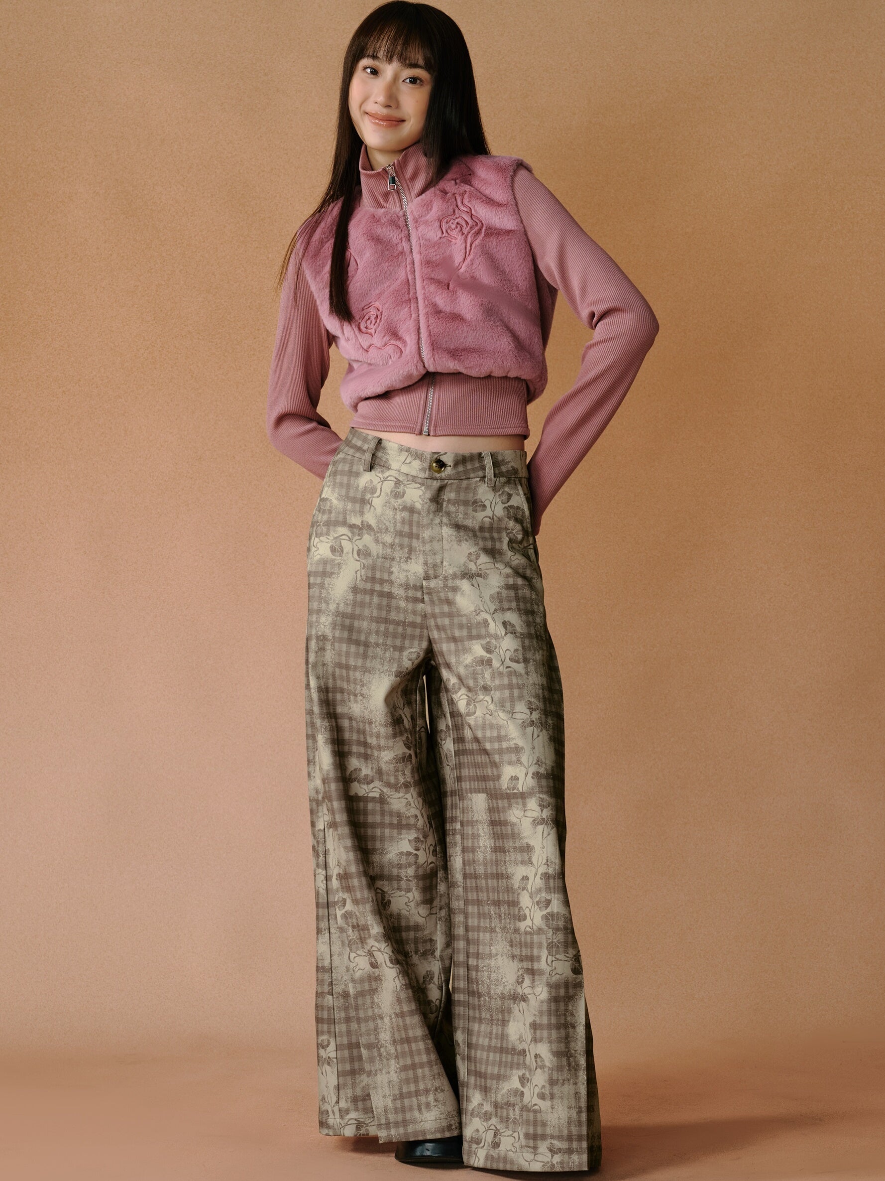 Retro Hand-painted Smudged Plaid Wide-leg Pants