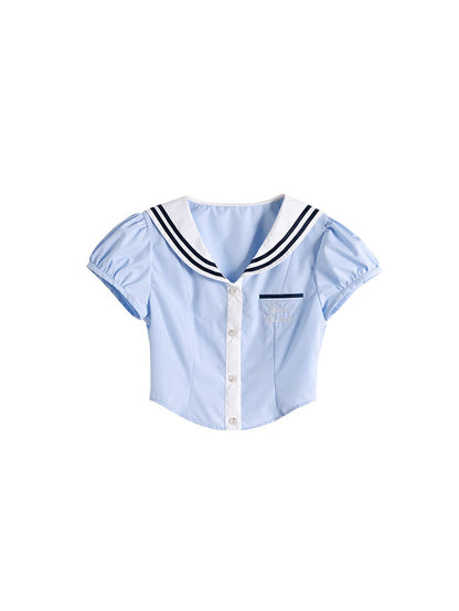 School Girl Puff Sleeve Top &amp; Pleated Skirt