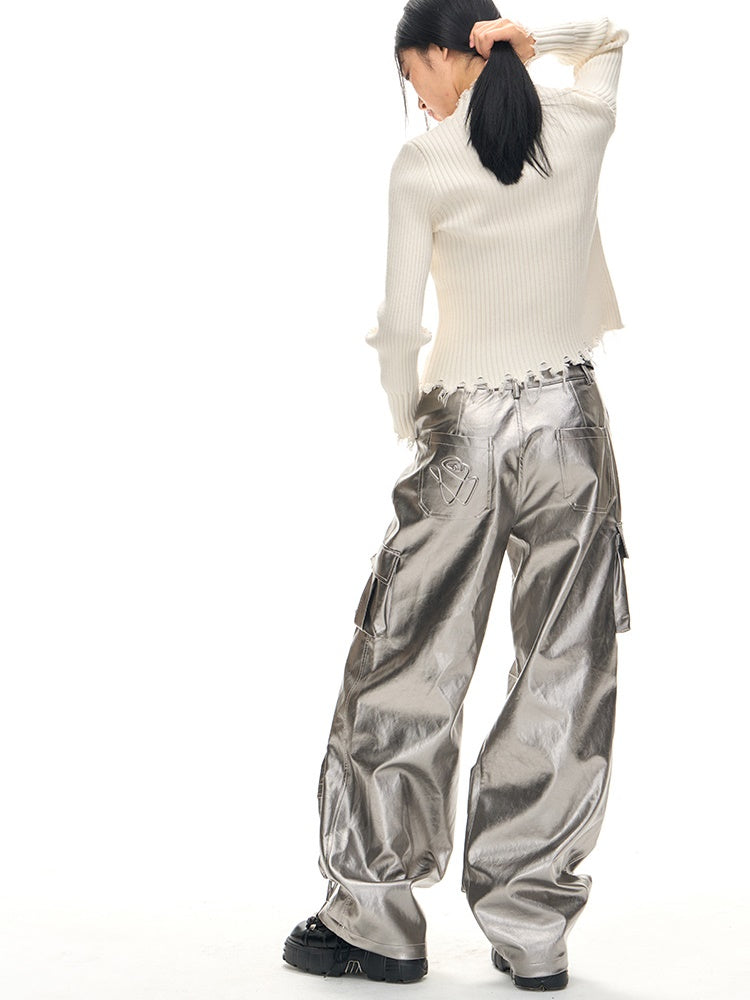 PU Leather Wide-leg Cargo Pants