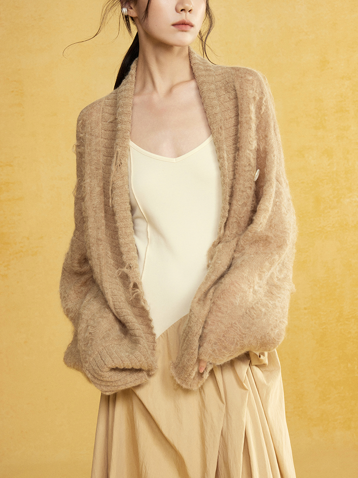 Mohair Curved Hem Loose Knitted Cardigan