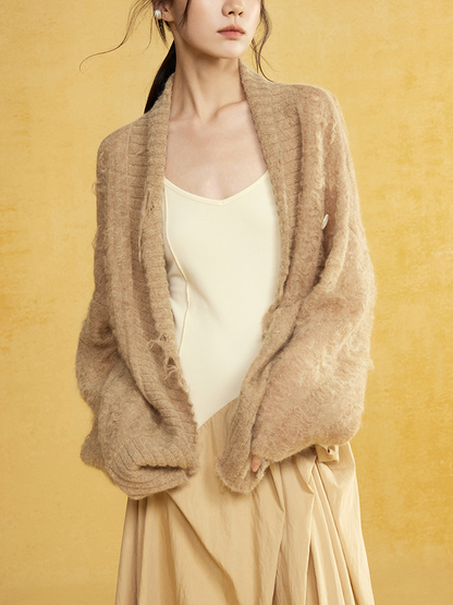 Mohair Curved Hem Loose Knitted Cardigan