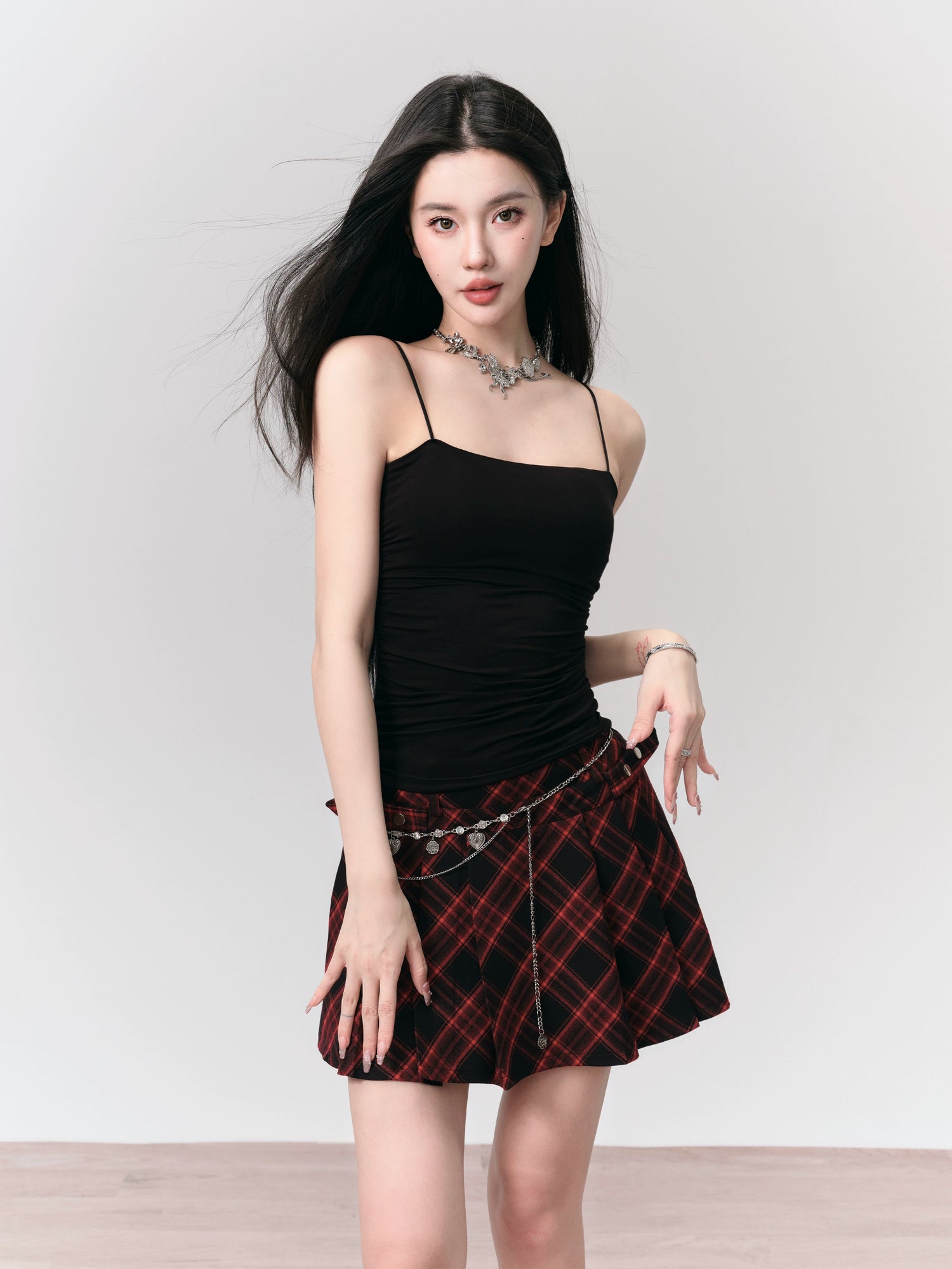 Checkered Pleated A-line Skirt