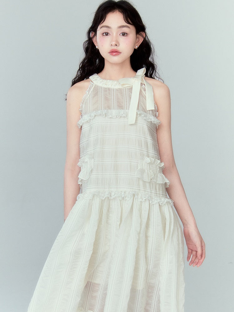 Ruffled A-line Ribbon Hanging Neck Cake One-piece