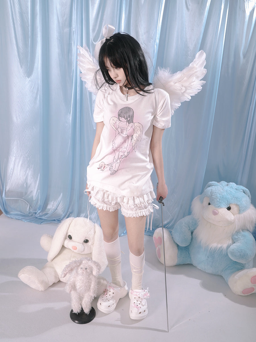 Girl Angel Print Loose T-Shirt