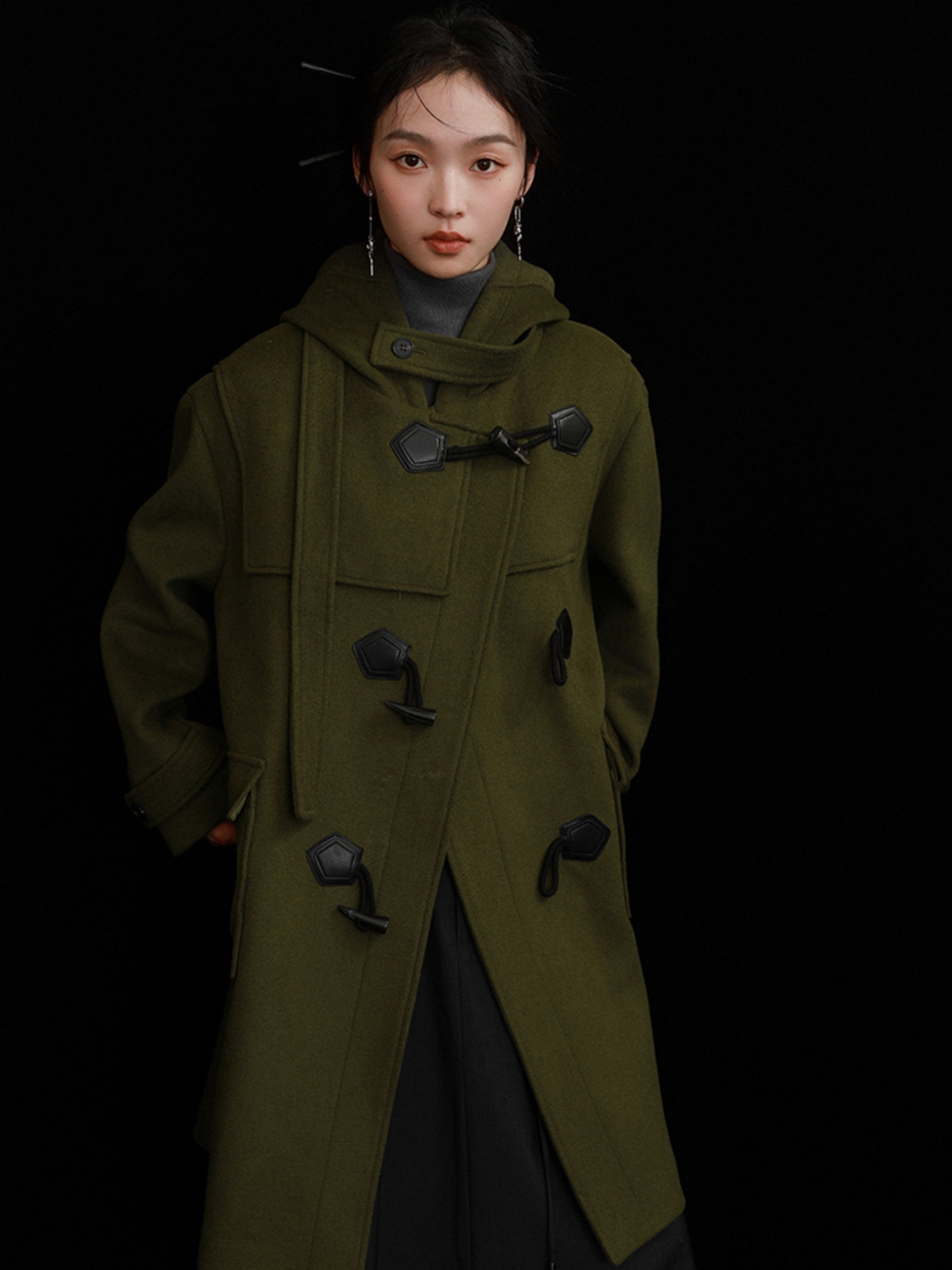 College Style Horn Button Hooded Coat