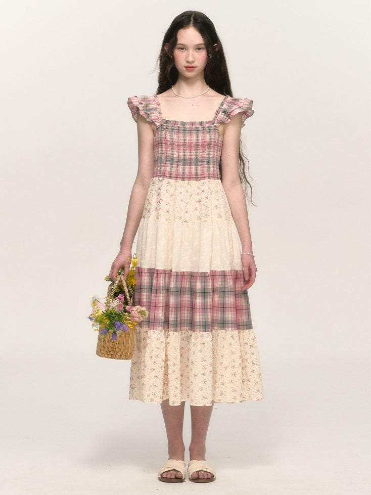 Retro Plaid Floral Lace Patchwork Small Flying Sleeves Dress