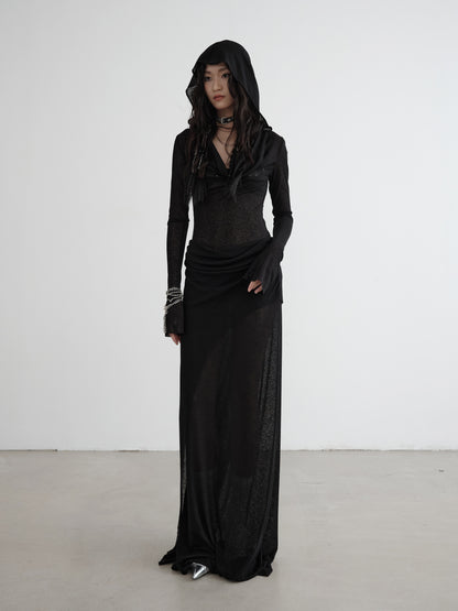 Semi-transparent Knitted Fake Two-piece Layered Hooded Dress