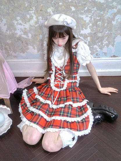 Plaid Cat Print Lace Suspender Dress