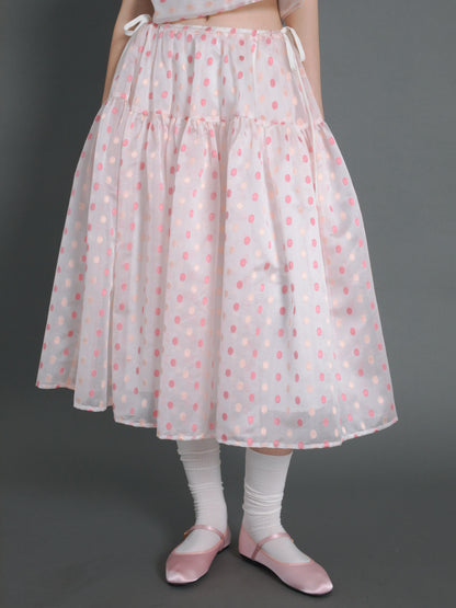 Polka Dot Sleeveless Back Ribbon Top ＆ Gather Fluffy Skirt