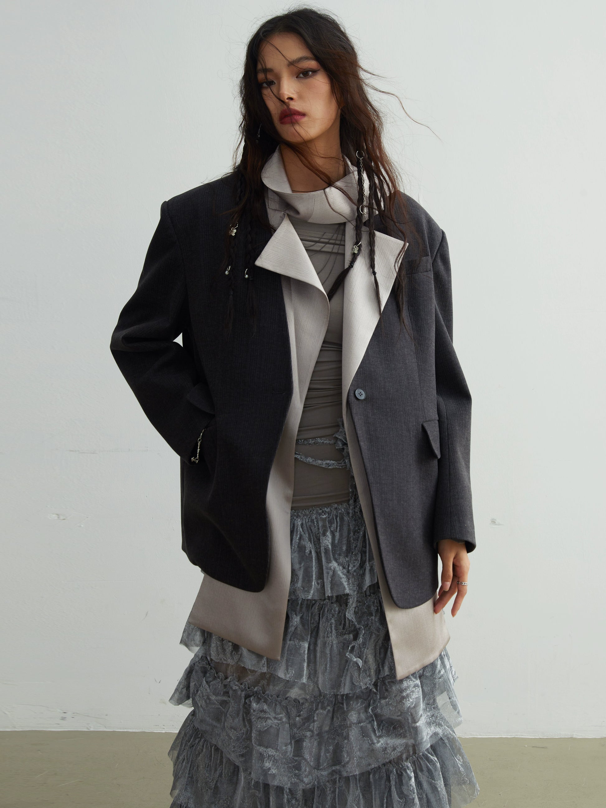 Fake Two Piece Scarf Boyfriend Silhouette Jacket