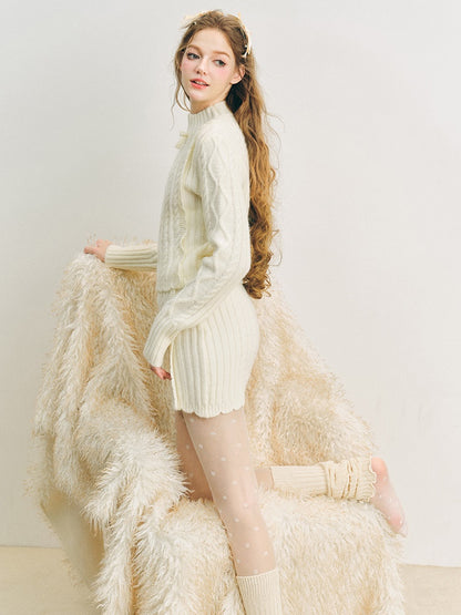 Cable Bottle-Neck Fluffy Knit Sweater ＆ Frill Knitted Skirt